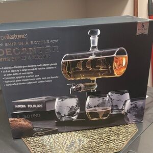 Brookstone Ship in a Bottle Decanter Set - Black and Silver